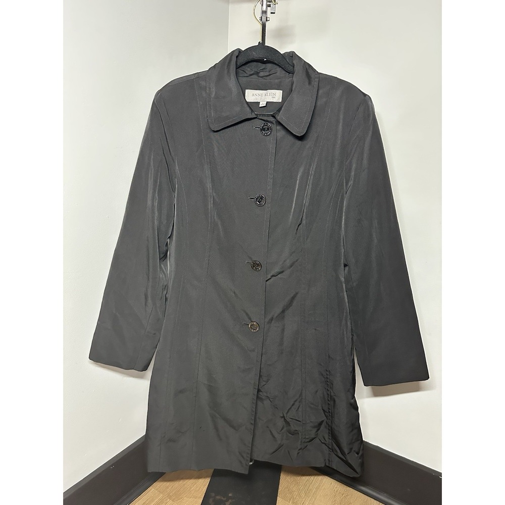 Anne Klein Women's Coat Large Button Up Long Black